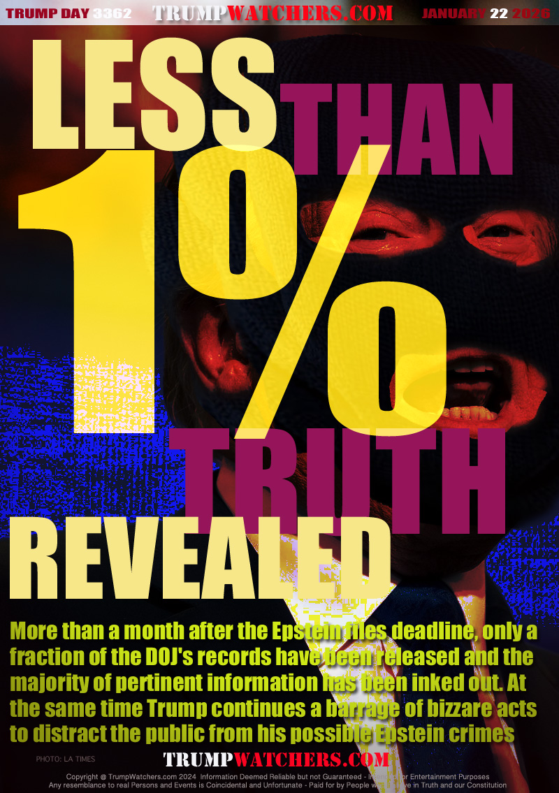 More than a month after the Epstein files deadline, only a 
fraction of the DOJ's records have been released and the
majority of pertinent information has been inked out. At
the same time Trump continues a barrage of bizzare acts
to distract the public from his possible Epstein crimes